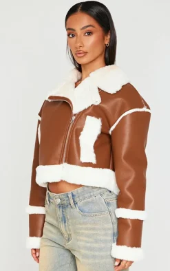Petite Brown Fur Trim Detail Aviator Jacket