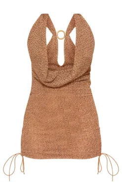 Petite Brown Knitted Extreme Cowl Ruched Mini Dress