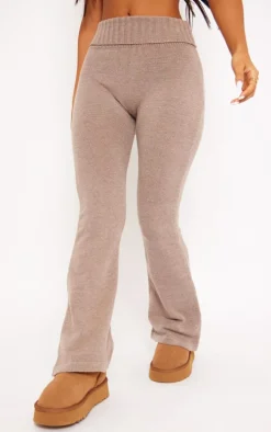 Petite Brown Knitted Fold Over Waist Flared Pants