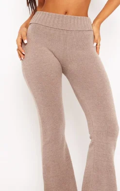 Petite Brown Knitted Fold Over Waist Flared Pants