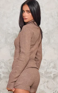 Petite Brown Knitted High Neck Long Top