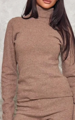 Petite Brown Knitted High Neck Long Top