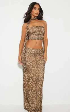 Petite Brown Leopard Bandeau Crop Top With Scarf Detail