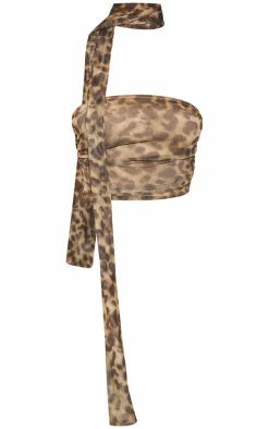 Petite Brown Leopard Bandeau Crop Top With Scarf Detail