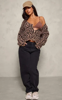 Petite Brown Leopard Print Knitted Cropped Cardigan