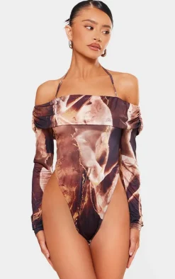 Petite Brown Slinky Bardot High Cut Bodysuit