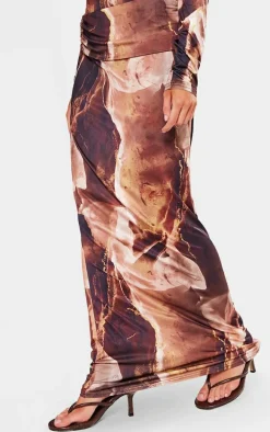 Petite Brown Slinky Ruched Waistband Maxi Skirt