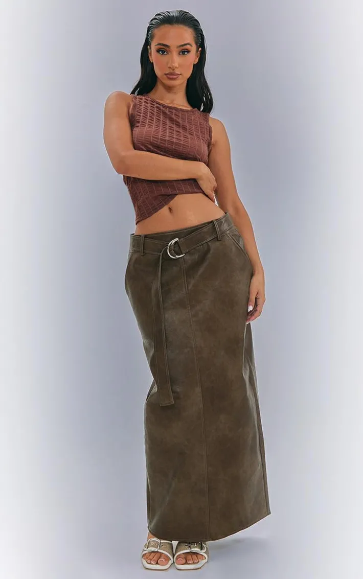 Petite Brown Washed Faux Leather Belted Midi Skirt