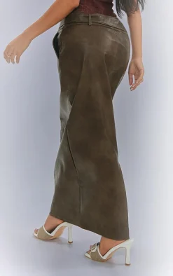 Petite Brown Washed Faux Leather Belted Midi Skirt