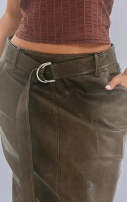 Petite Brown Washed Faux Leather Belted Midi Skirt