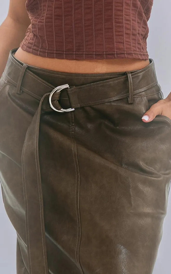 Petite Brown Washed Faux Leather Belted Midi Skirt