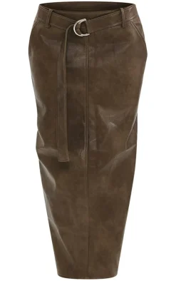 Petite Brown Washed Faux Leather Belted Midi Skirt