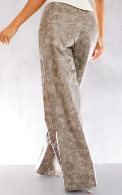 Petite Brown Washed Faux Leather Low Rise Wide Leg Pants