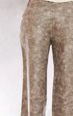 Petite Brown Washed Faux Leather Low Rise Wide Leg Pants