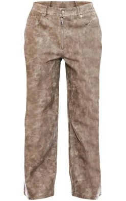 Petite Brown Washed Faux Leather Low Rise Wide Leg Pants