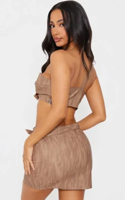 Petite Brown Woven Extreme Crop Top With Strap Detail