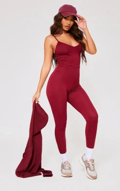 Petite Burgundy Basic Plunge Strappy Jumpsuit