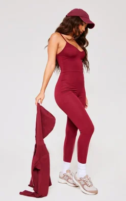 Petite Burgundy Basic Plunge Strappy Jumpsuit