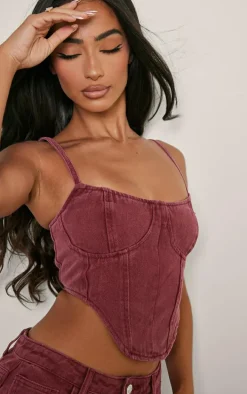 Petite Burgundy Dipped Hem Denim Corset Top