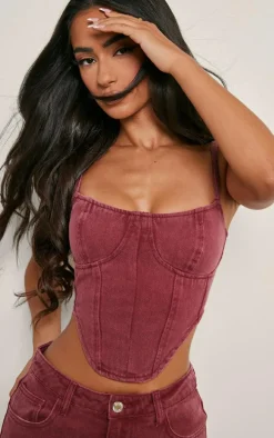 Petite Burgundy Dipped Hem Denim Corset Top