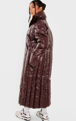 Petite Burgundy Shine High Neck Puffer Maxi Coat