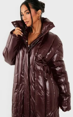 Petite Burgundy Shine High Neck Puffer Maxi Coat