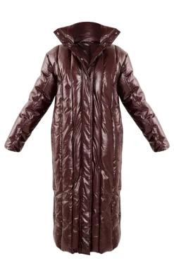 Petite Burgundy Shine High Neck Puffer Maxi Coat