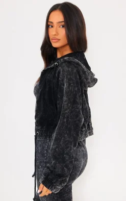 Petite Charcoal Acid Wash Zip Up Cropped Hoodie