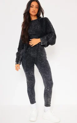 Petite Charcoal Acid Wash Zip Up Cropped Hoodie