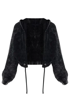 Petite Charcoal Acid Wash Zip Up Cropped Hoodie