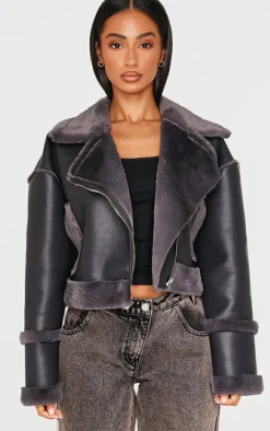 Petite Charcoal Aviator Jacket With Fur Trims