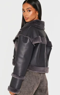 Petite Charcoal Aviator Jacket With Fur Trims