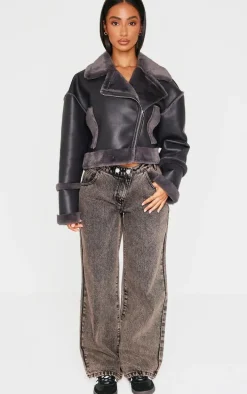 Petite Charcoal Aviator Jacket With Fur Trims