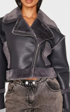 Petite Charcoal Aviator Jacket With Fur Trims