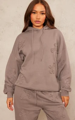 Petite Charcoal Cross Applique Embroidered Hoodie