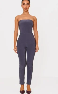 Petite Charcoal Double Layer Bandeau Straight Leg Jumpsuit