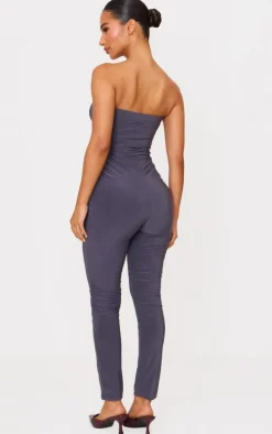 Petite Charcoal Double Layer Bandeau Straight Leg Jumpsuit