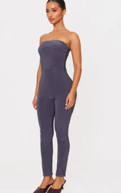Petite Charcoal Double Layer Bandeau Straight Leg Jumpsuit