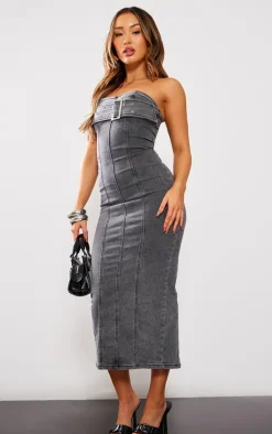 Petite Charcoal Grey Buckle Bandeau Denim Midaxi Dress