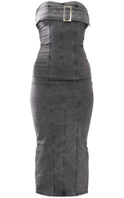 Petite Charcoal Grey Buckle Bandeau Denim Midaxi Dress