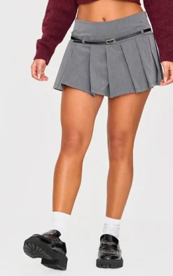 Petite Charcoal Pleated Belted Micro Mini Skirt