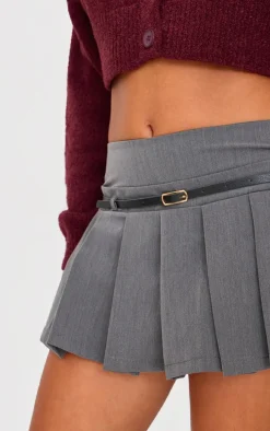 Petite Charcoal Pleated Belted Micro Mini Skirt