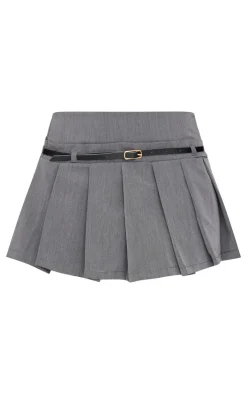 Petite Charcoal Pleated Belted Micro Mini Skirt