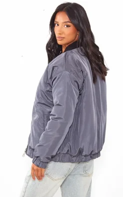 Petite Charcoal Ribbed Neck Bomber Jacket