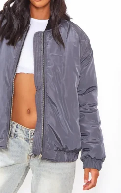 Petite Charcoal Ribbed Neck Bomber Jacket