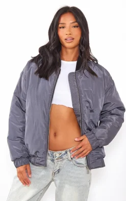 Petite Charcoal Ribbed Neck Bomber Jacket