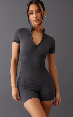 Petite Charcoal Snatched Rib Zip Front Unitard
