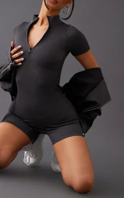 Petite Charcoal Snatched Rib Zip Front Unitard