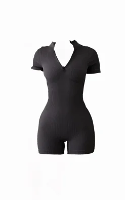 Petite Charcoal Snatched Rib Zip Front Unitard