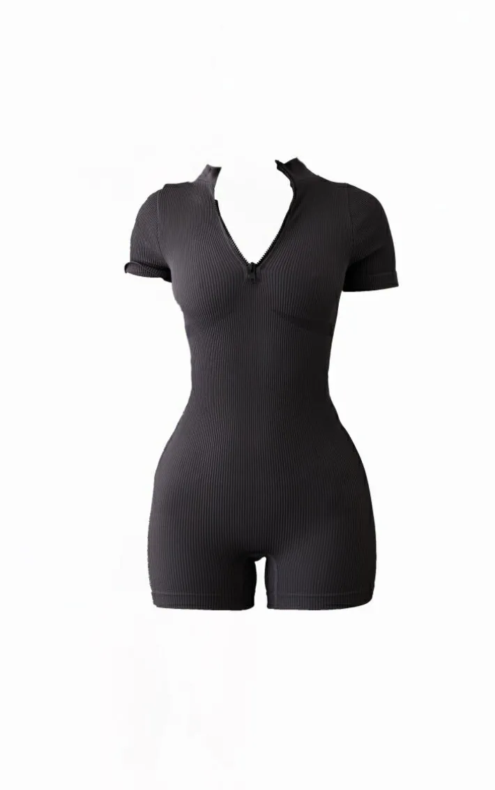 Petite Charcoal Snatched Rib Zip Front Unitard